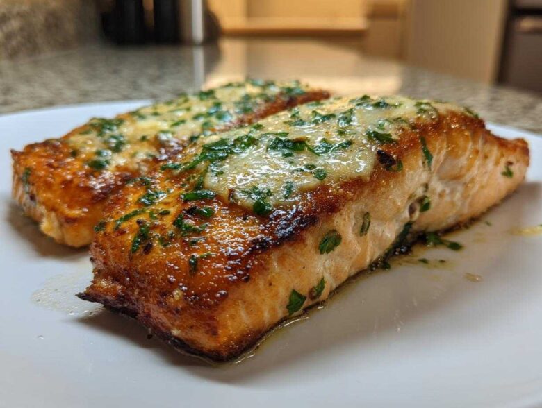 Two perfectly cooked fillets of Garlic Butter Salmon with crispy edges, topped with melted butter sauce and fresh parsley.