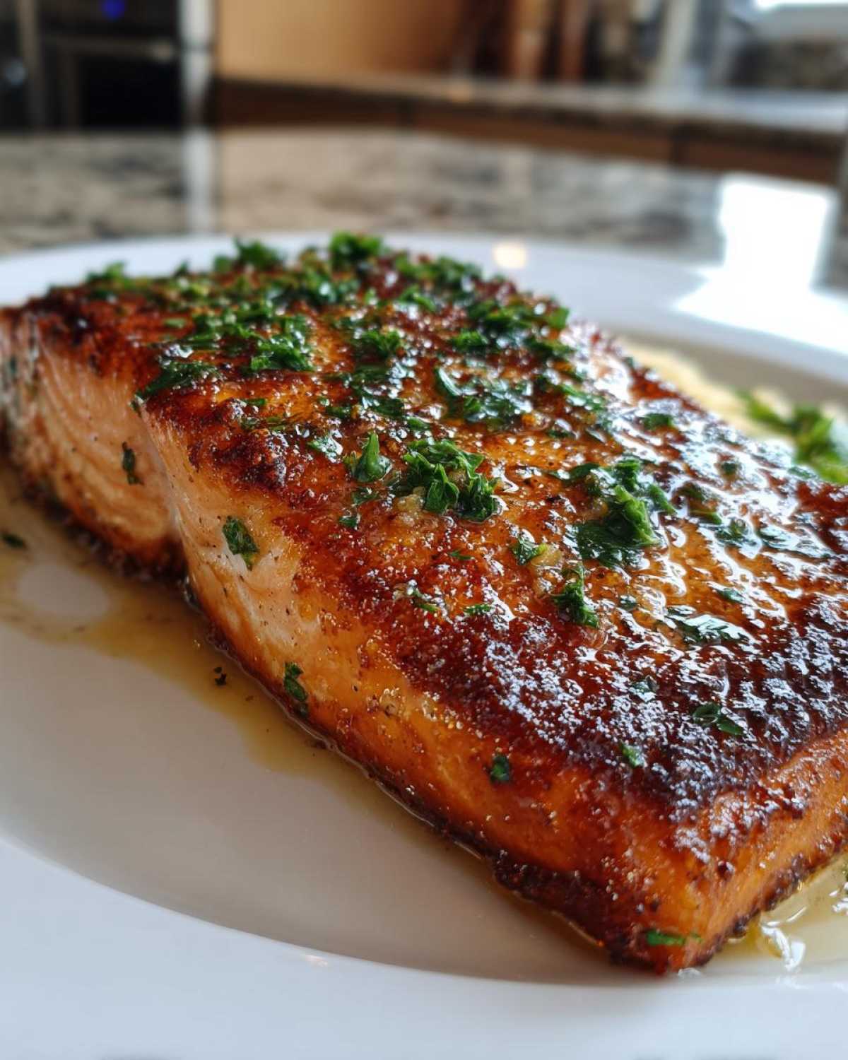 Close-up of a perfectly cooked Garlic Butter Salmon with crispy edges, glistening with butter and topped with fresh parsley.