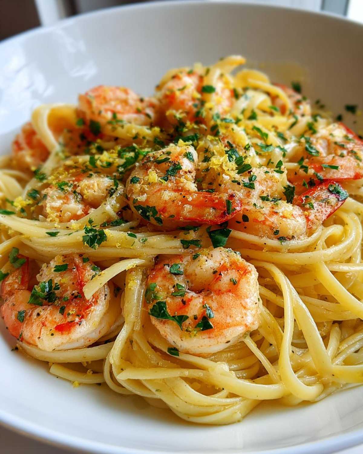 Close-up of Garlic Butter Shrimp Pasta with Lemon Flavor, featuring linguine, plump shrimp, parsley, and lemon zest.