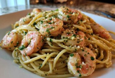 Close-up of a plate featuring Garlic Butter Shrimp Pasta with Lemon Flavor, topped with parsley and grated cheese.