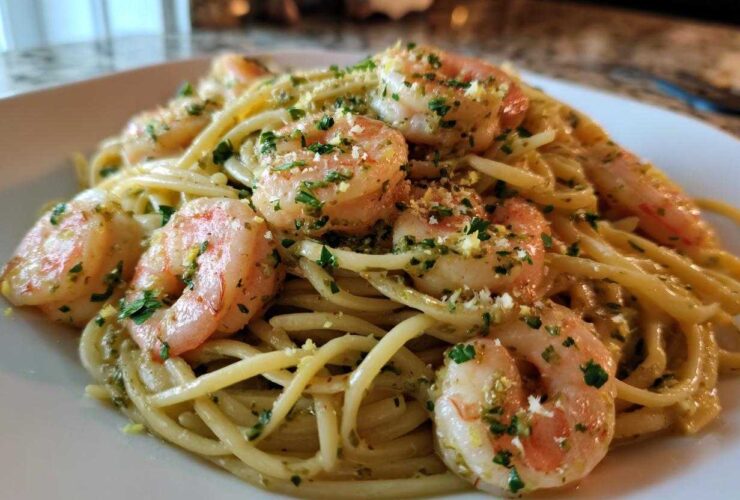 Close-up of a plate featuring Garlic Butter Shrimp Pasta with Lemon Flavor, topped with parsley and grated cheese.