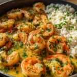 Close-up of Garlic Butter Shrimp with Rice Skillet, featuring plump shrimp in rich garlic butter sauce next to fluffy white rice.