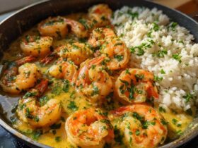 Close-up of Garlic Butter Shrimp with Rice Skillet, featuring plump shrimp in rich garlic butter sauce next to fluffy white rice.