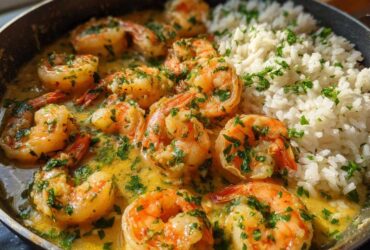 Close-up of Garlic Butter Shrimp with Rice Skillet, featuring plump shrimp in rich garlic butter sauce next to fluffy white rice.