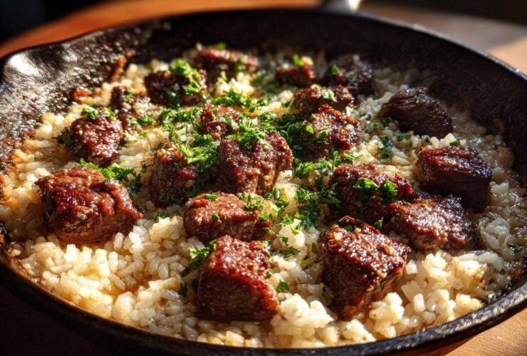 Close-up of Garlic Butter Steak and Rice Skillet Dinner topped with fresh parsley in a dark cast iron pan.