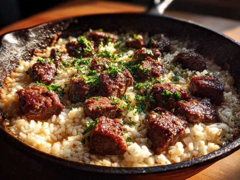 Close-up of Garlic Butter Steak and Rice Skillet Dinner topped with fresh parsley in a dark cast iron pan.