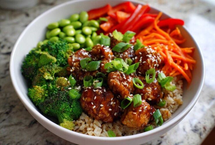 A close-up of a Honey Garlic Chicken Bowl featuring glazed chicken pieces over brown rice, surrounded by broccoli, edamame, carrots, and scallions.