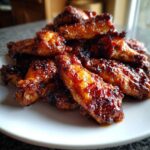 A close-up of a pile of sticky, glazed Honey Garlic Chicken Wings Crispy Oven Baked on a white plate.