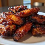 A pile of glossy, caramelized Honey Garlic Chicken Wings Crispy Oven Baked stacked on a white plate.