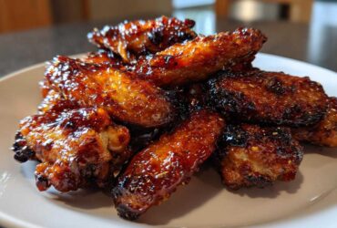 A pile of glossy, caramelized Honey Garlic Chicken Wings Crispy Oven Baked stacked on a white plate.