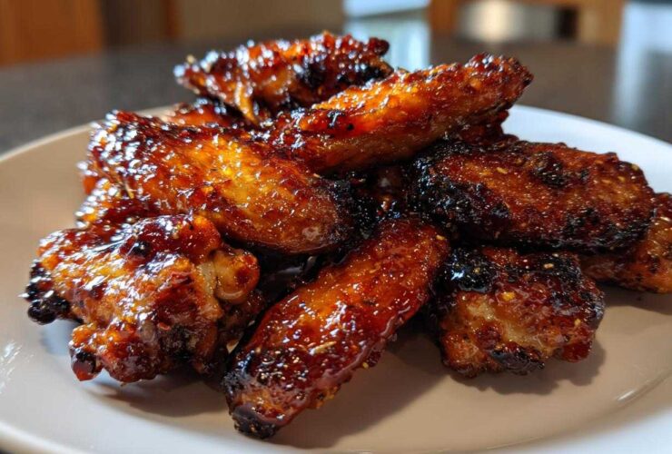 A pile of glossy, caramelized Honey Garlic Chicken Wings Crispy Oven Baked stacked on a white plate.