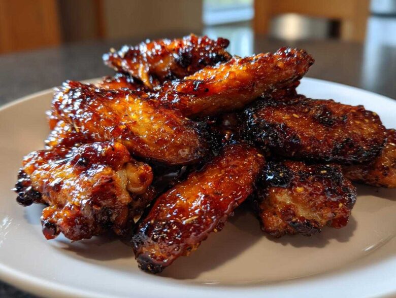 A pile of glossy, caramelized Honey Garlic Chicken Wings Crispy Oven Baked stacked on a white plate.
