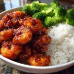 A close-up of a white bowl containing Honey Garlic Shrimp Bowl Quick Dinner, featuring glazed shrimp, white rice, and steamed broccoli florets.