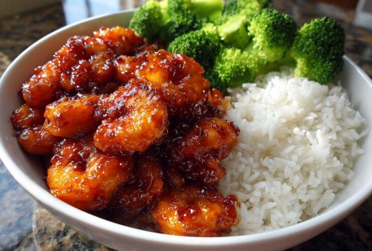 A close-up of a white bowl containing Honey Garlic Shrimp Bowl Quick Dinner, featuring glazed shrimp, white rice, and steamed broccoli florets.