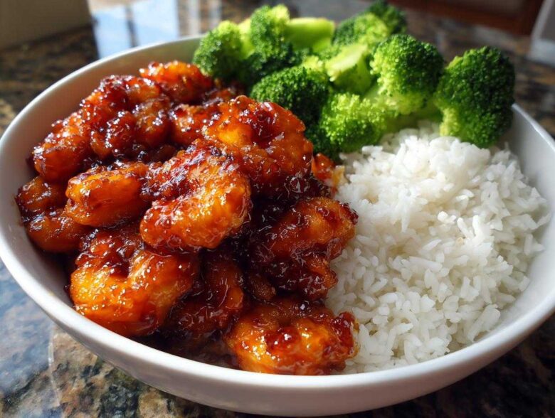 A close-up of a white bowl containing Honey Garlic Shrimp Bowl Quick Dinner, featuring glazed shrimp, white rice, and steamed broccoli florets.