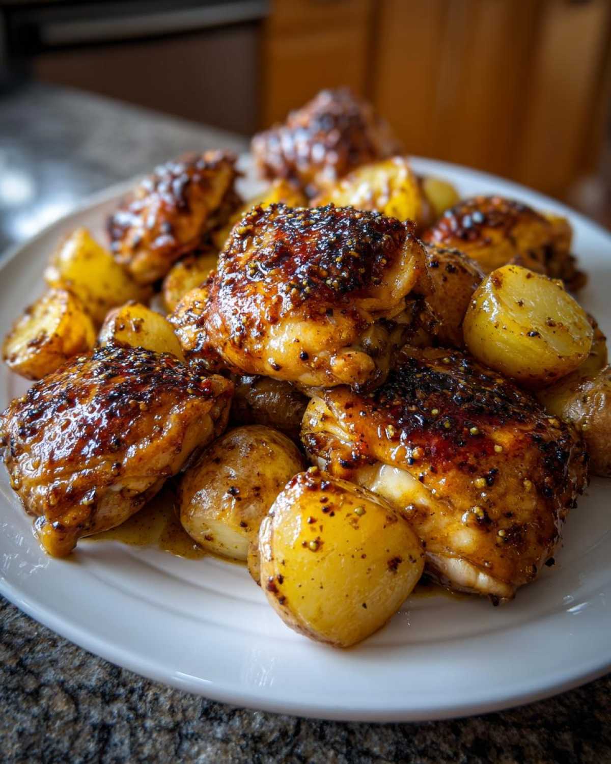 Close-up of juicy chicken thighs covered in a dark, whole-grain honey mustard glaze served with roasted potatoes for Honey Mustard Chicken Bake with Potatoes.