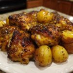 Close-up of Honey Mustard Chicken Bake with Potatoes, featuring glazed, browned chicken thighs and roasted baby potatoes on a white plate.