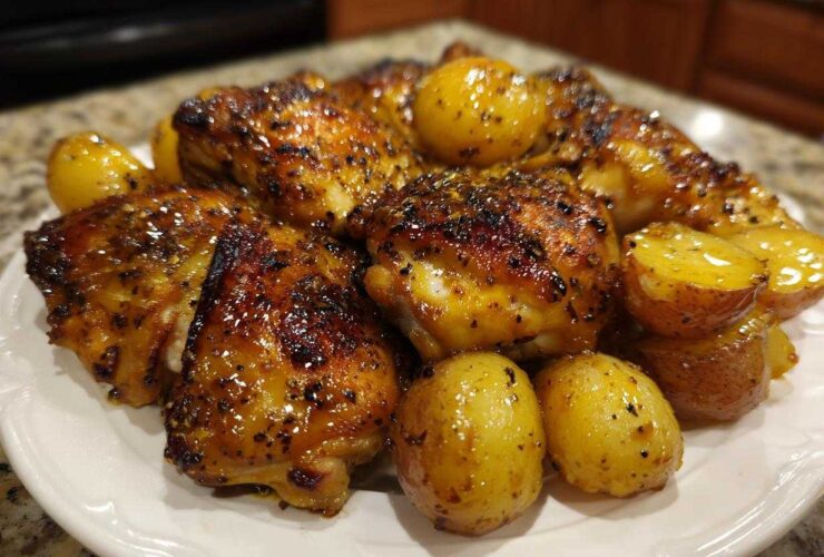 Close-up of Honey Mustard Chicken Bake with Potatoes, featuring glazed, browned chicken thighs and roasted baby potatoes on a white plate.