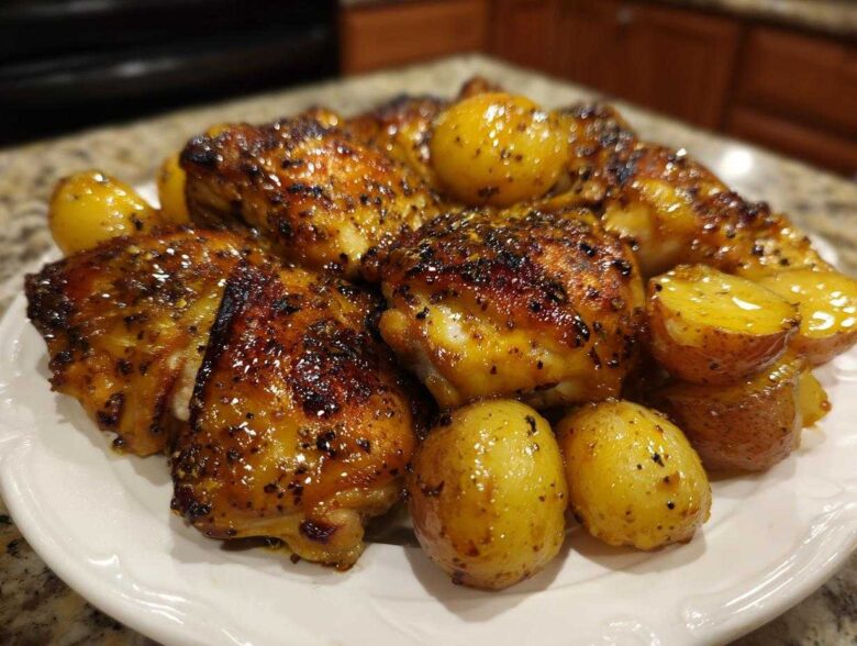Close-up of Honey Mustard Chicken Bake with Potatoes, featuring glazed, browned chicken thighs and roasted baby potatoes on a white plate.