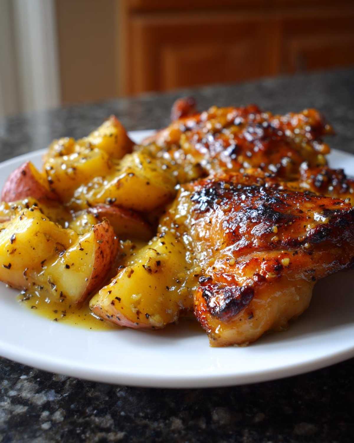 Close-up of Honey Mustard Chicken Bake with Potatoes, featuring caramelized chicken and sauce-covered roasted potatoes.