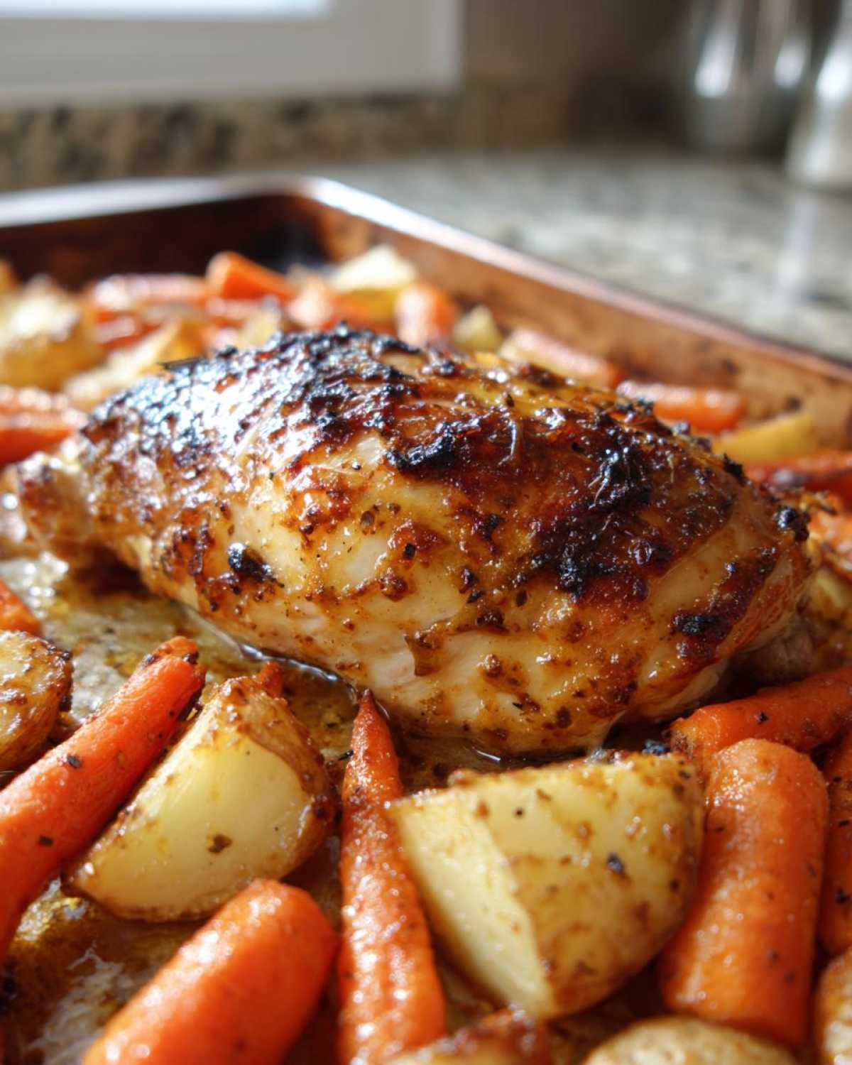 Close-up of a perfectly baked chicken breast with a caramelized glaze surrounded by roasted carrots and potatoes in a sheet pan, featuring the Honey Mustard Chicken Bake with Veggies.