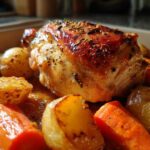Close-up of a perfectly glazed Honey Mustard Chicken Bake with roasted potatoes and carrots.