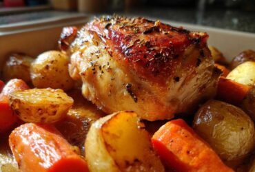 Close-up of a perfectly glazed Honey Mustard Chicken Bake with roasted potatoes and carrots.