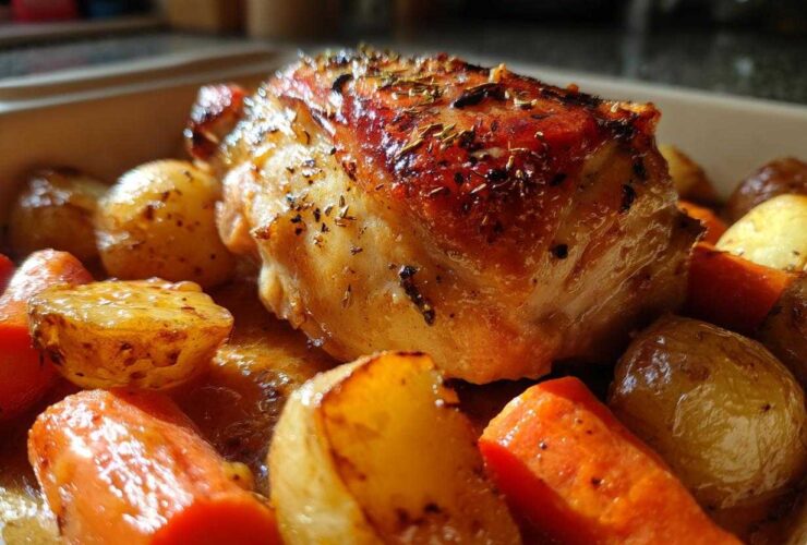 Close-up of a perfectly glazed Honey Mustard Chicken Bake with roasted potatoes and carrots.