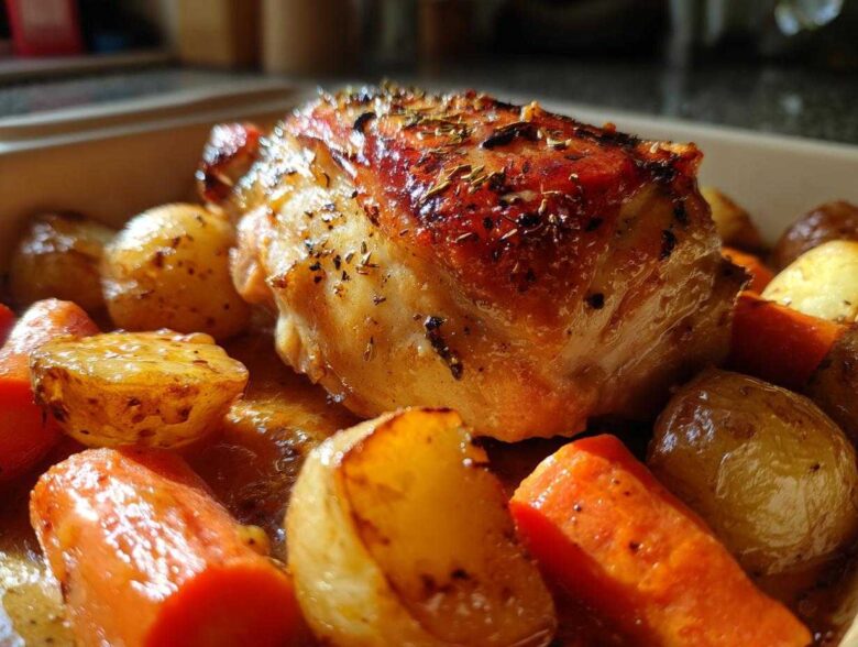 Close-up of a perfectly glazed Honey Mustard Chicken Bake with roasted potatoes and carrots.