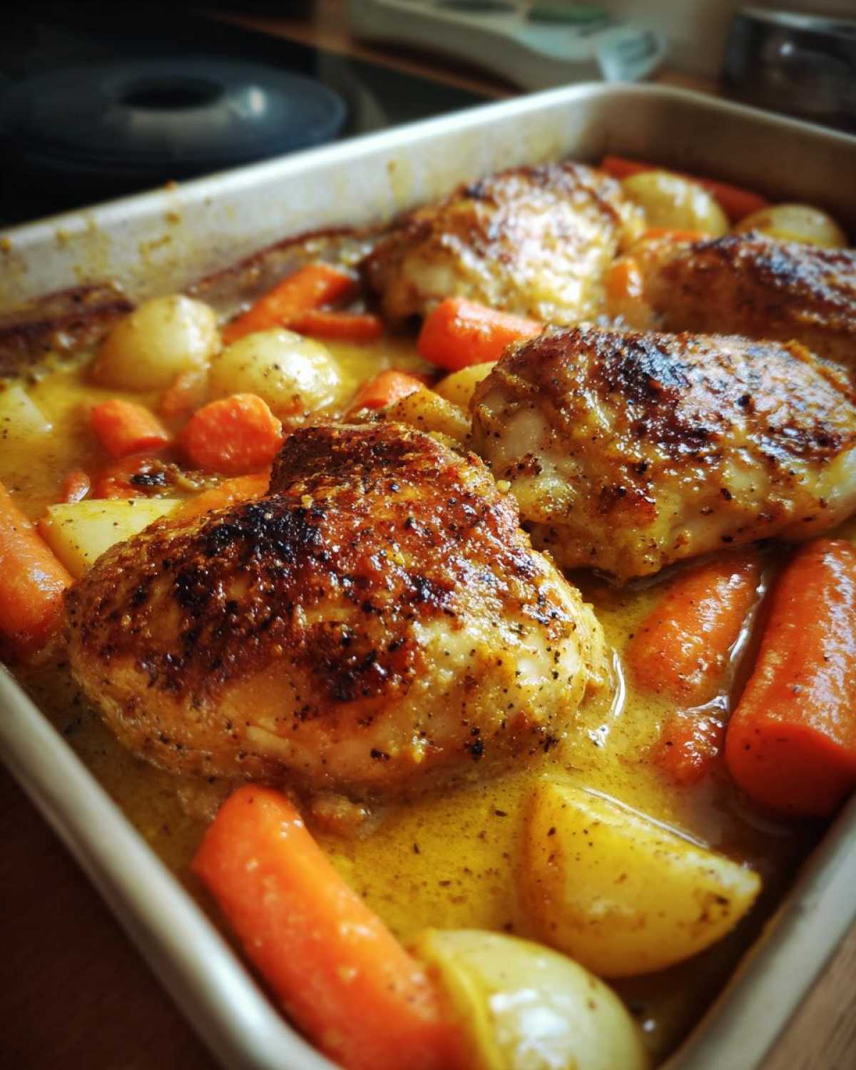Close-up of crispy-skinned Honey Mustard Chicken Bake with Veggies (carrots and potatoes) simmering in a golden sauce.