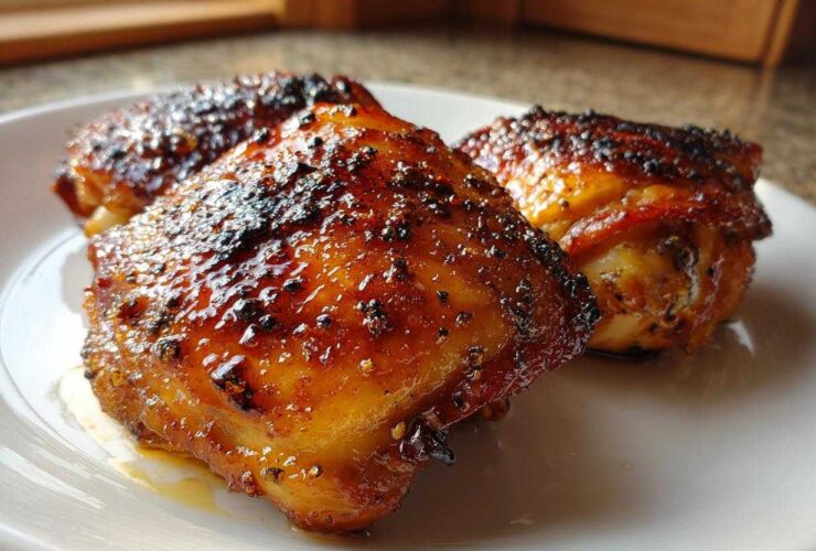 Close-up of three perfectly cooked Honey Soy Chicken Thighs with crispy, caramelized edges on a white plate.