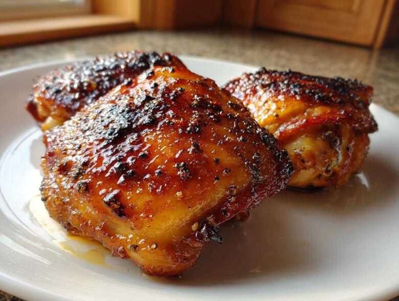 Close-up of three perfectly cooked Honey Soy Chicken Thighs with crispy, caramelized edges on a white plate.
