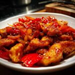 Close-up of Honey Sriracha Chicken Skillet pieces coated in a glossy, dark red sauce with red peppers and sesame seeds.