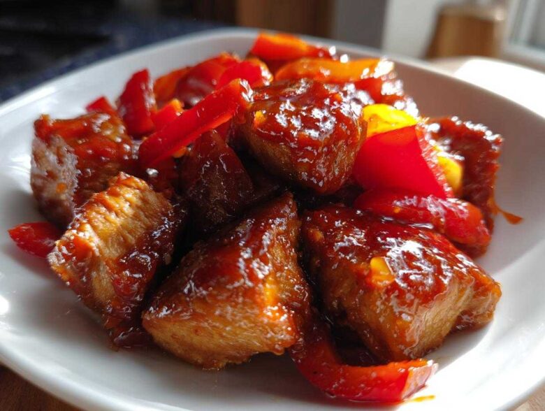 Close-up of glossy Honey Sriracha Chicken Skillet pieces coated in sweet and spicy sauce with red bell peppers.