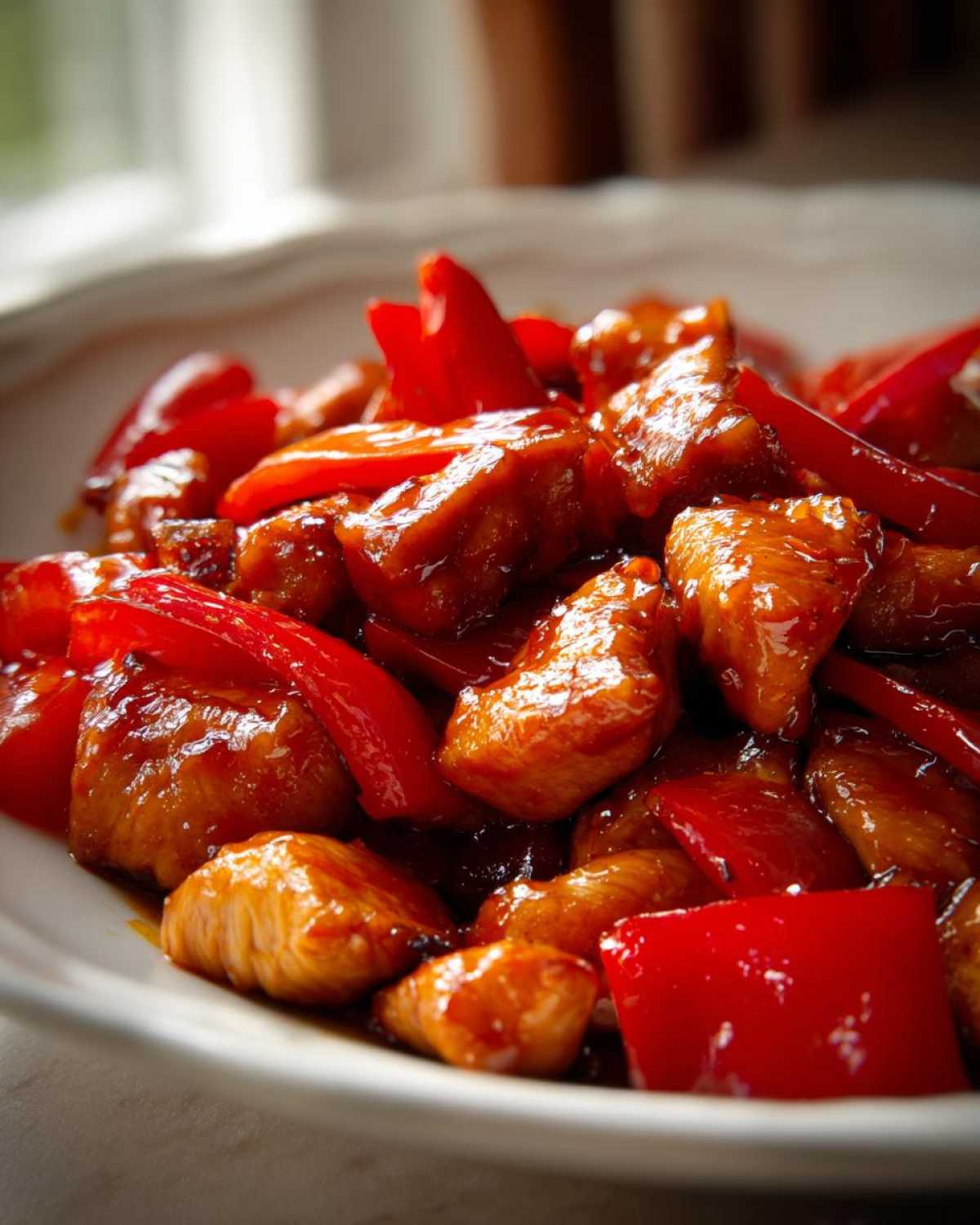 Close-up of glossy Honey Sriracha Chicken Skillet pieces mixed with bright red bell peppers in a white bowl.