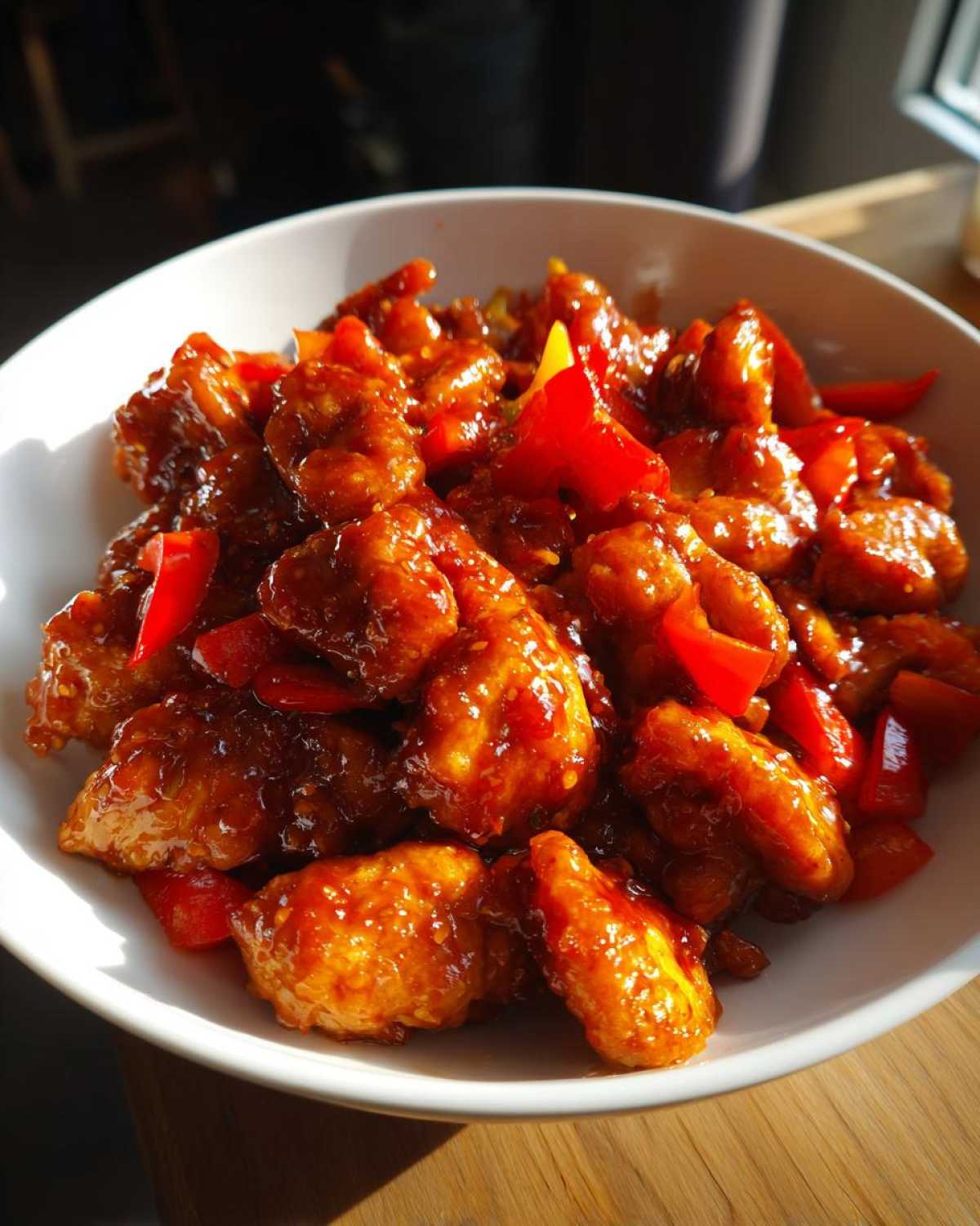 Close-up of glistening Honey Sriracha Chicken Skillet pieces mixed with red bell peppers in a white bowl.