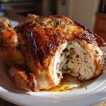 A whole Lemon Herb Roasted Chicken with incredibly crispy, browned skin, cut open to show moist white meat inside.
