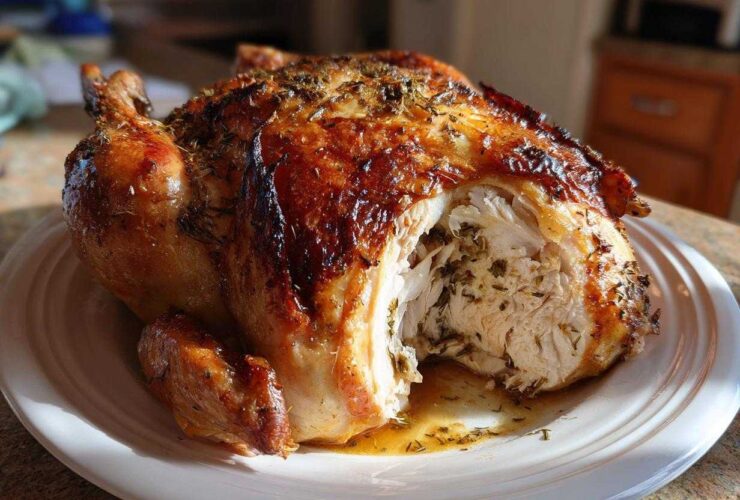 A whole Lemon Herb Roasted Chicken with incredibly crispy, browned skin, cut open to show moist white meat inside.