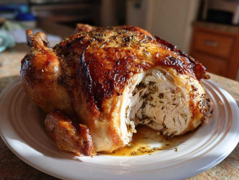 A whole Lemon Herb Roasted Chicken with incredibly crispy, browned skin, cut open to show moist white meat inside.