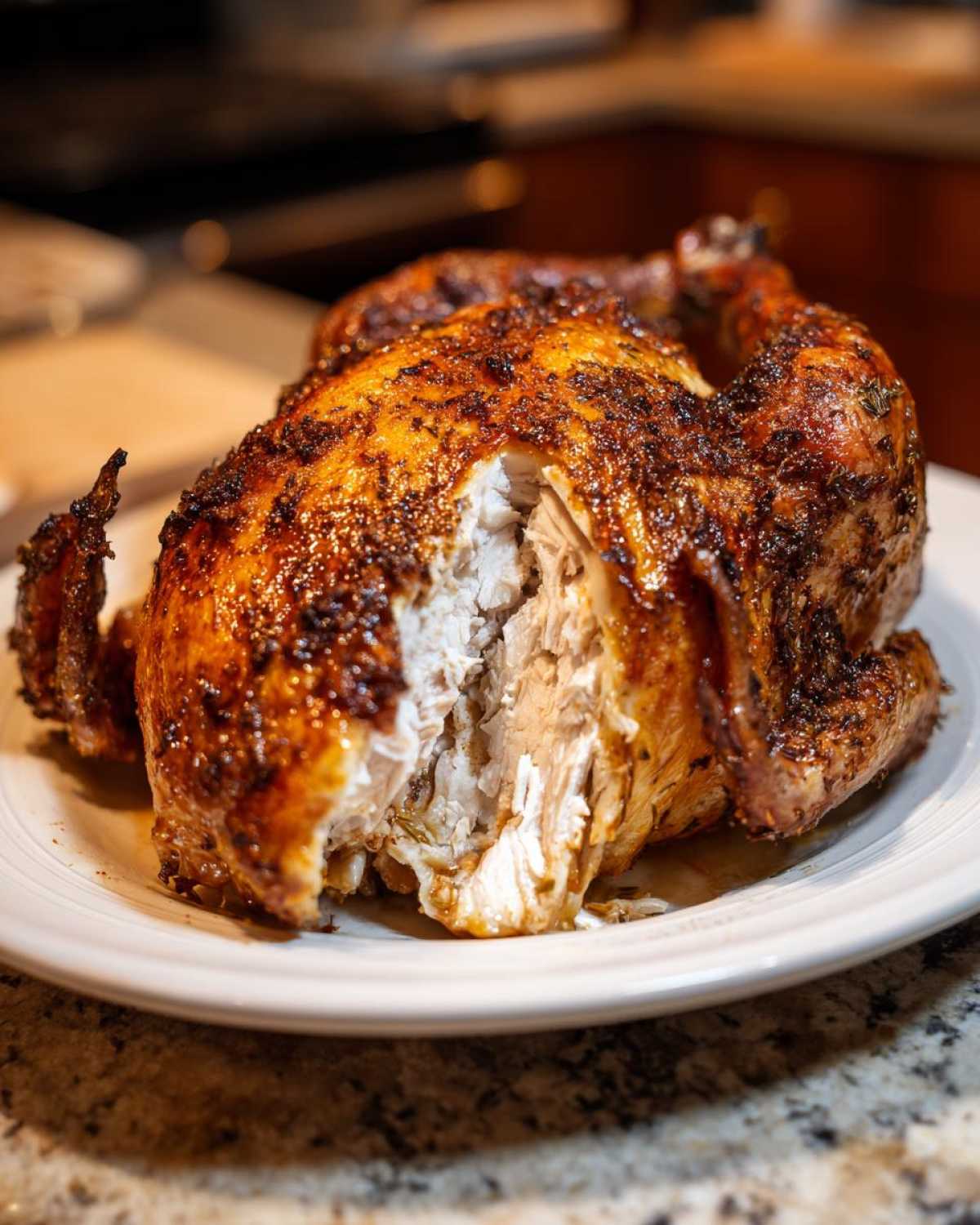 A whole Lemon Herb Roasted Chicken with crispy, browned skin, cut open to show juicy white meat inside.