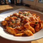Close-up of One Pot Creamy Tomato Pasta with Chicken, topped with grated Parmesan and parsley.