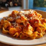 A close-up of One Pot Creamy Tomato Pasta with Chicken served in a white bowl, topped with grated Parmesan cheese.