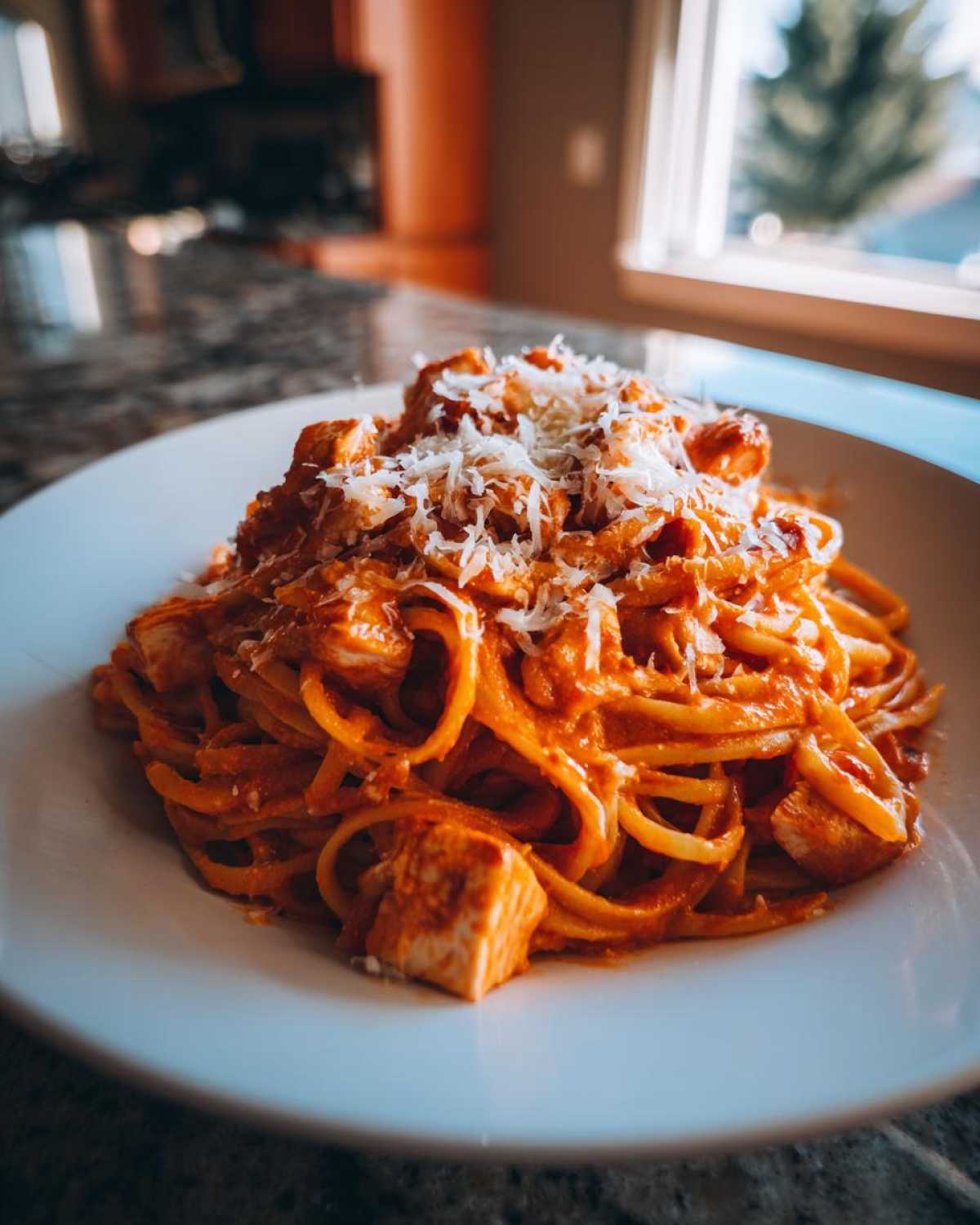 A close-up of a serving of One Pot Creamy Tomato Pasta with Chicken topped with grated Parmesan cheese.