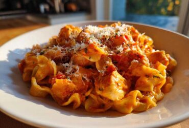 A close-up of One Pot Creamy Tomato Pasta with Chicken served in a white bowl, topped with grated Parmesan cheese.