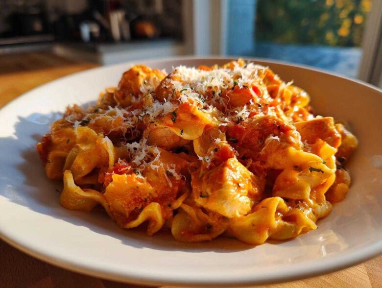 A close-up of One Pot Creamy Tomato Pasta with Chicken served in a white bowl, topped with grated Parmesan cheese.