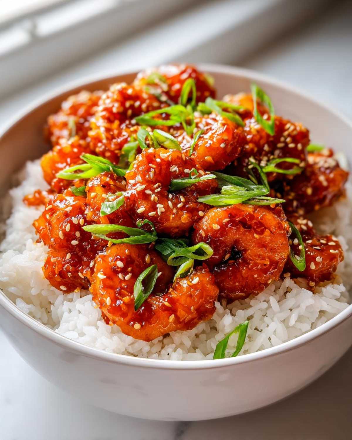 Close-up of Spicy Honey Garlic Shrimp coated in glossy sauce, served over white rice and topped with sesame seeds and green onions.