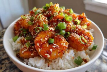 Close-up of a white bowl filled with white rice topped with glossy Spicy Honey Garlic Shrimp, garnished with sesame seeds and green onions.