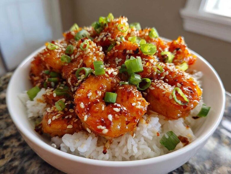 Close-up of a white bowl filled with white rice topped with glossy Spicy Honey Garlic Shrimp, garnished with sesame seeds and green onions.
