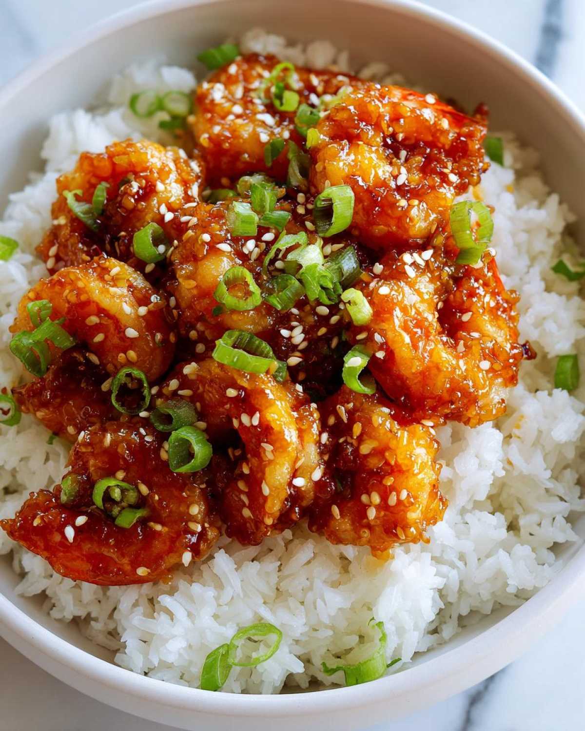 Close-up of a white bowl filled with white rice topped with glossy Spicy Honey Garlic Shrimp and garnished with sesame seeds and green onions.