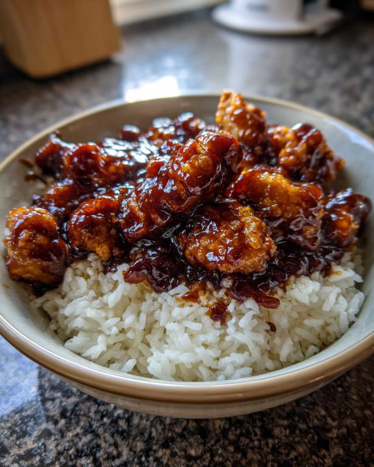 A close-up of a bowl filled with white rice topped generously with glossy, dark Sticky BBQ Chicken.